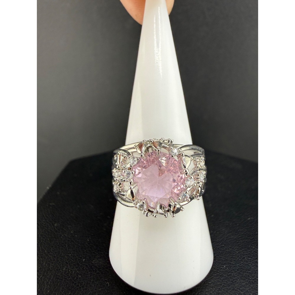 Vintage Sterling Silver Rhinestone Ring Cocktail Pink Size 9